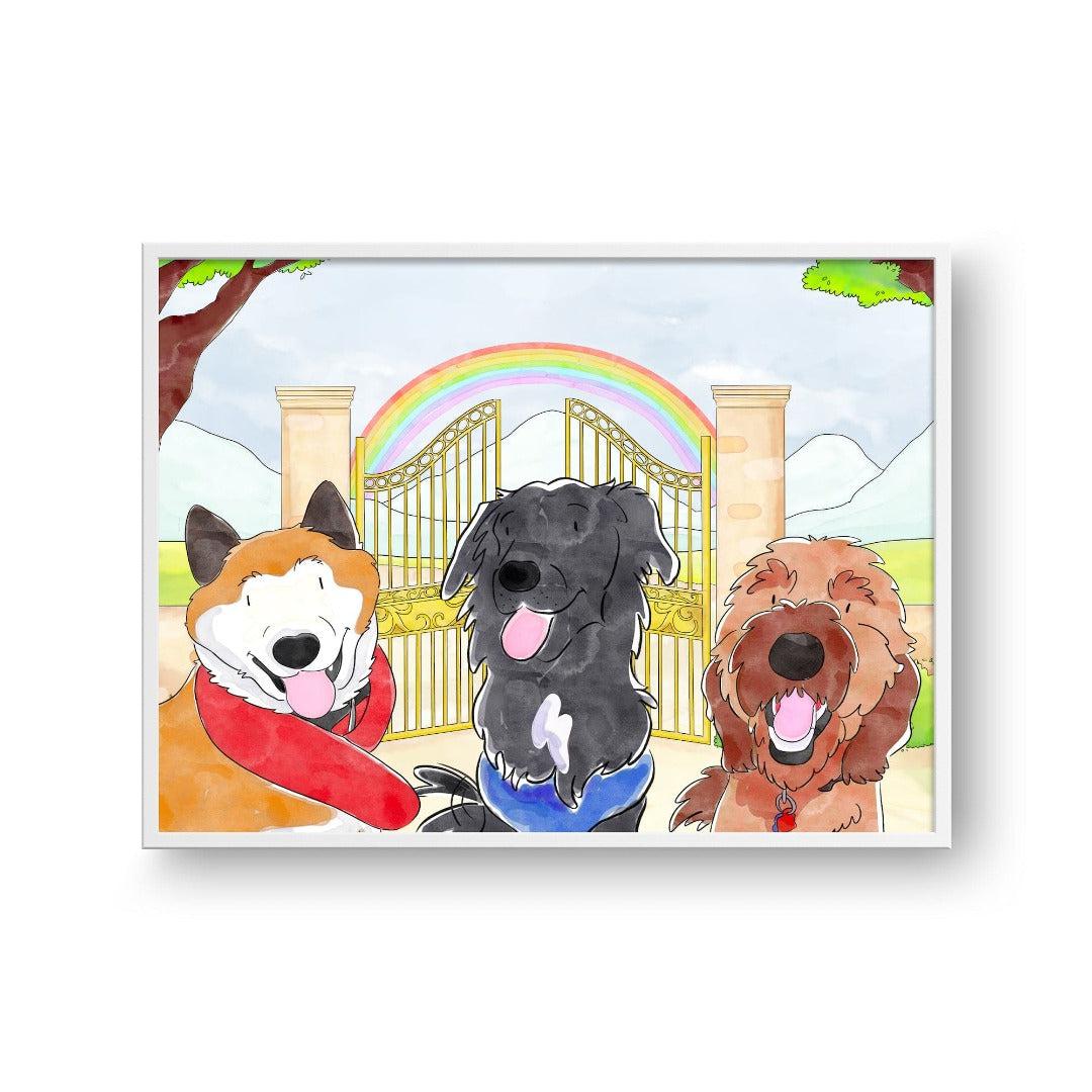 Crown and Paw - Framed Poster Watercolor Pet Portrait - Three Pets, Framed Poster 10" x 8" / White / Rainbow Bridge
