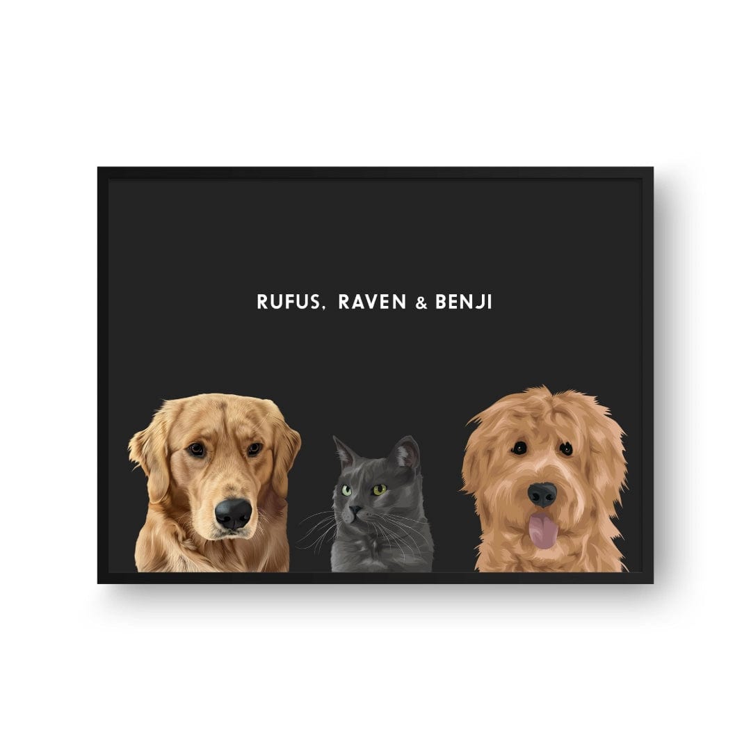 Crown and Paw - Framed Poster Modern Pet Portrait - Three Pets