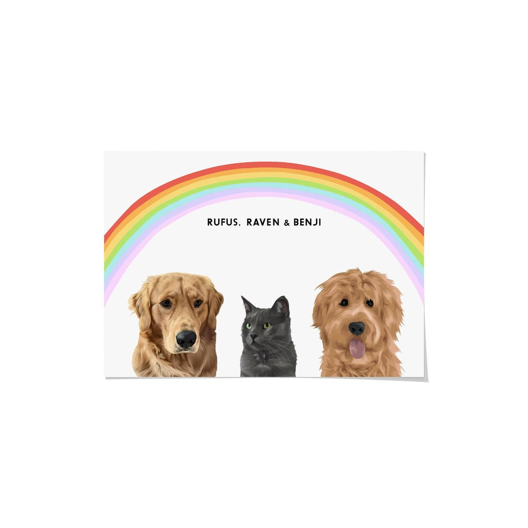 Crown and Paw - Framed Poster Modern Pet Portrait - Three Pets 10" x 8" / Unframed / Rainbow